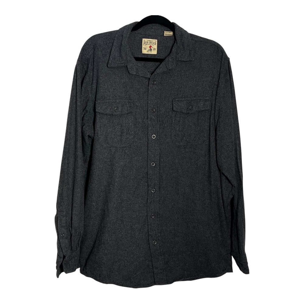 RedHead Mens Long Sleeve‎ Button Down Shirt Charcoal Gray Cotton Flannel Size LT